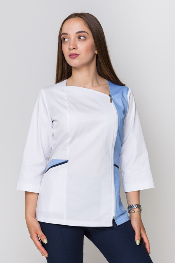 Медицинский костюм Лилия + Бр. зауженные. COTTON. Белый + голубой / темно-синий (5411155) фото 13