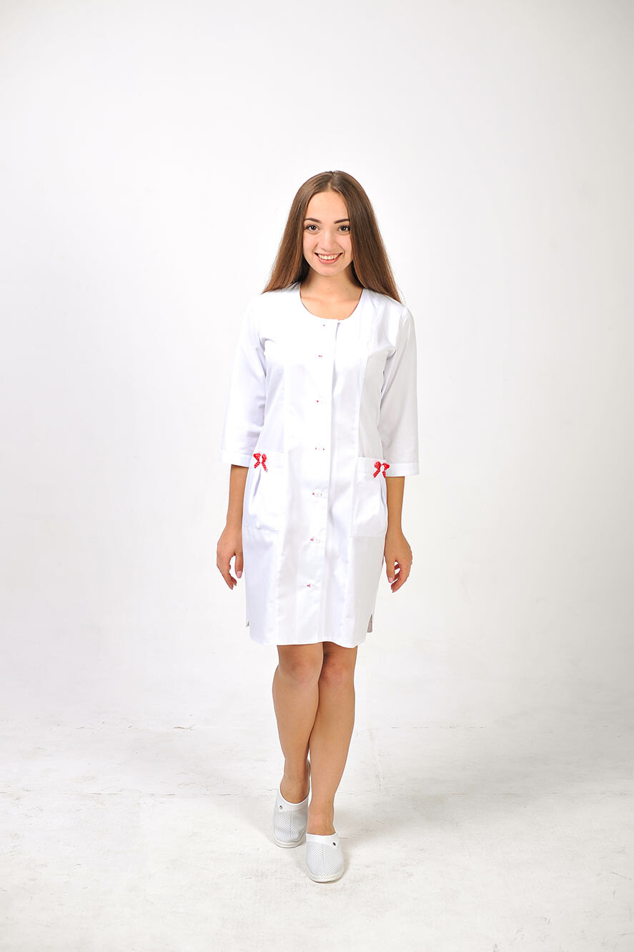 Халат медицинский Бьюти. COTTON. Белый с красным / пуговица (544799) фото 1