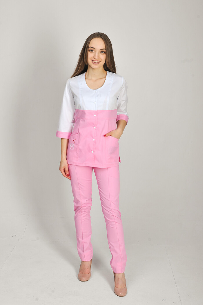 Костюм медицинский Роуз+ Бр. зауженные. COTTON. Белый / розовый / вышивка (544661) фото 2
