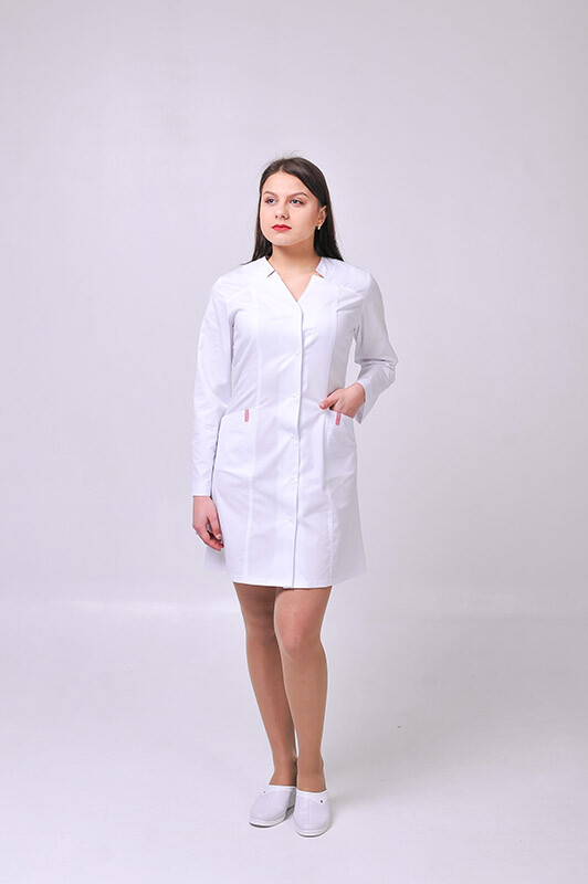 Женский медицинский халат Изабелла длинный рукав. COTTON. Белый + красный (отделка) (544773) фото 1