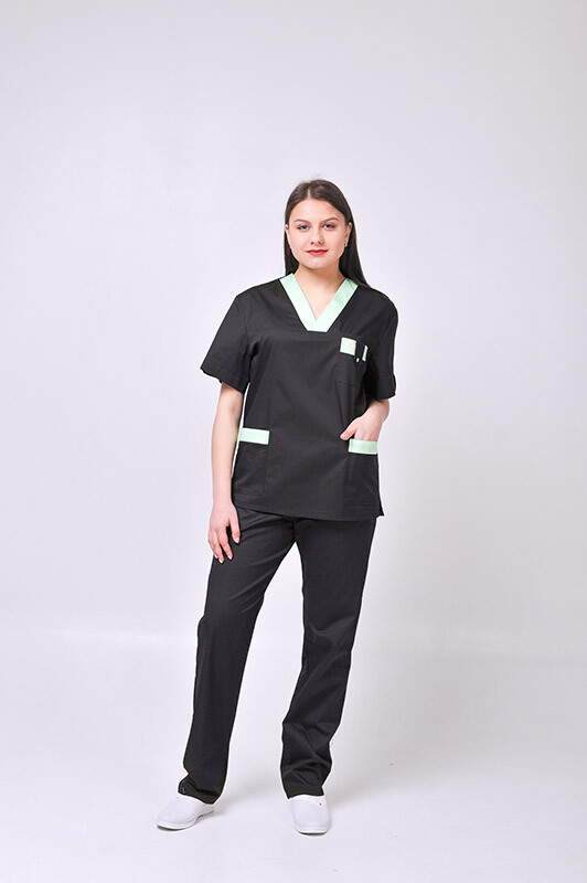 Хирургический костюм К-33. COTTON. Унисекс Черный с салатным (отделка) (544639) фото 1