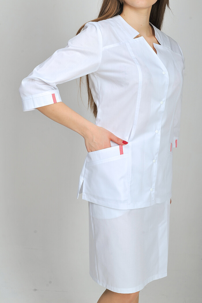 Женский медицинский костюм Изабелла COTTON с юбкой. Белый + красный (отделка) (544669) фото 4