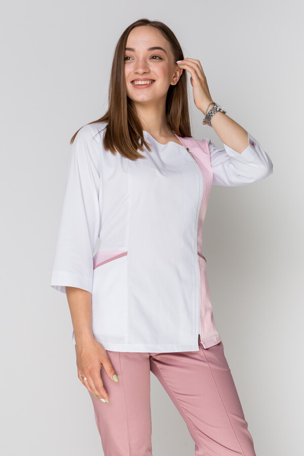Медицинский костюм Лилия+ Бр. зауженные. COTTON. Белый + розовый / пепельная роза (5411171) фото 15