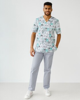 Медицинский костюм с принтом мужской Гранит Коты серый  131-408-644 (6613709) Медицинский костюм с принтом мужской Гранит Коты серый  131-408-644 (6613709) фото 1