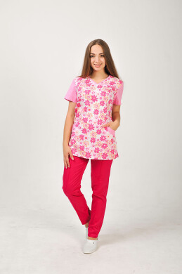Костюм медицинский И-30+ Бр. зауженные. COTTON. Розовый / цветы / малина (544682) фото 2